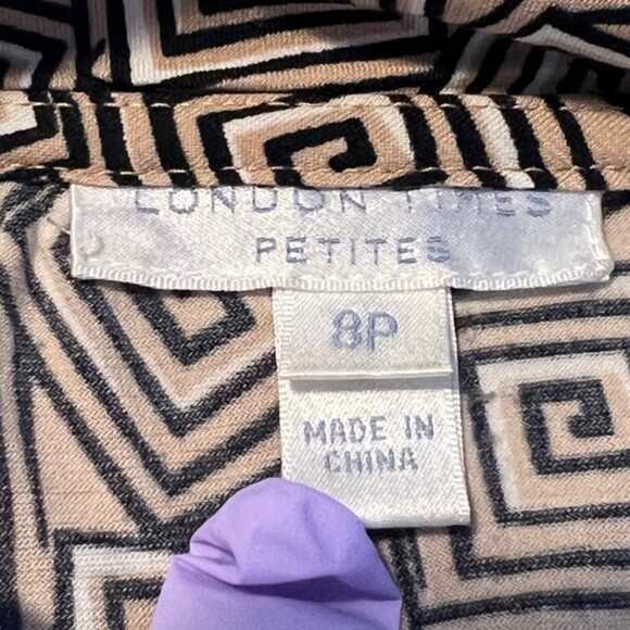 London Times Petites Brown Geometric Print 3/4 Sleeves Mock Wrap Dress Size 8P - Picture 7 of 11